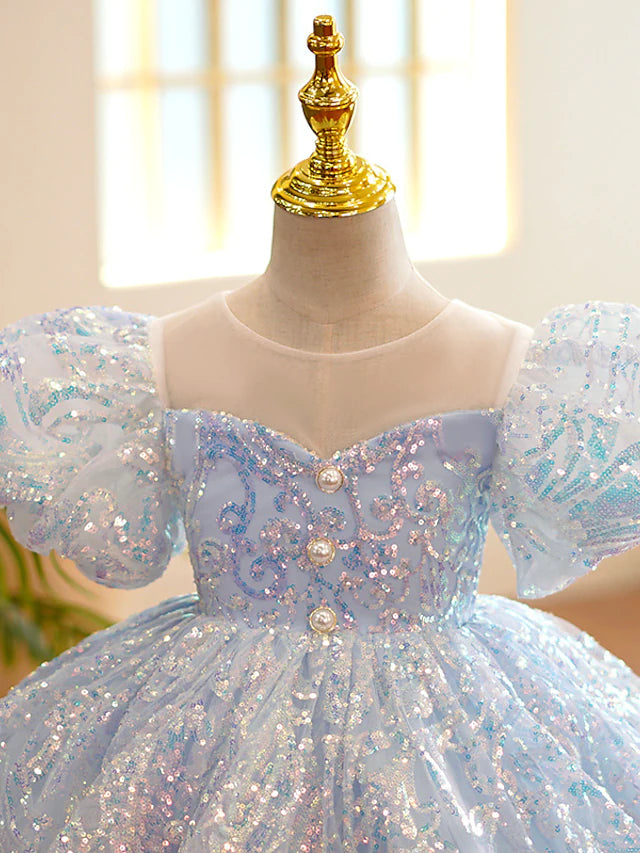 Princess Knee Length Flower Girl Dresses Party Tulle Short Sleeve Jewel Neck with Paillette