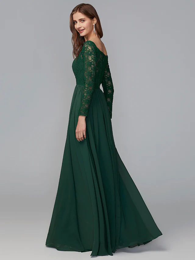 A-Linie Brautjungfernkleid Schulterfrei Langarm Elegant Bodenlang Chiffon Spitze mit Spitze