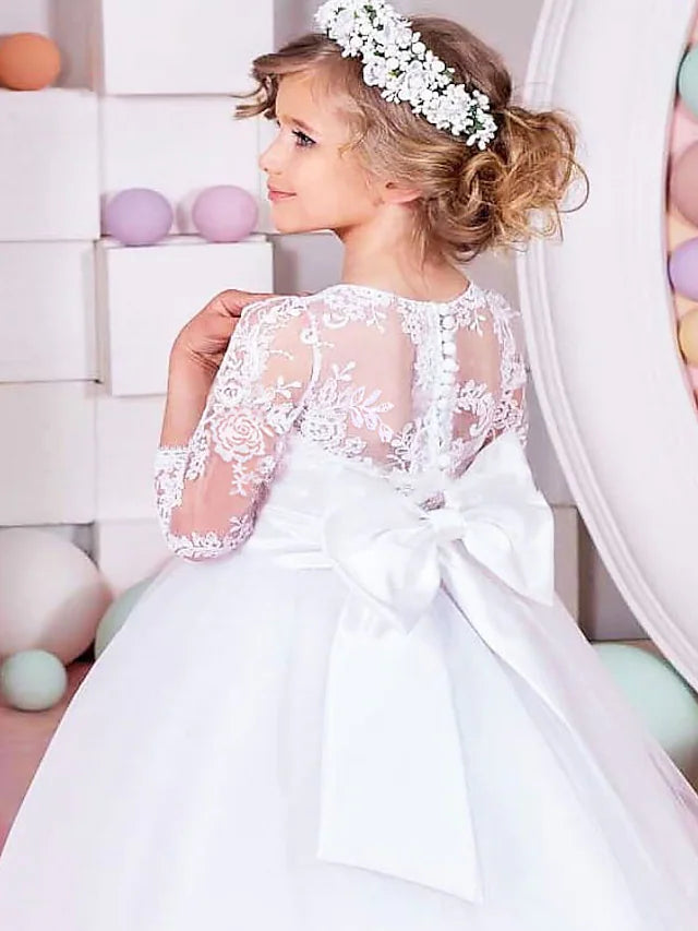 Princess Floor Length Flower Girl Dresses Party Lace Half Sleeve Jewel Neck with Sash  Ribbon