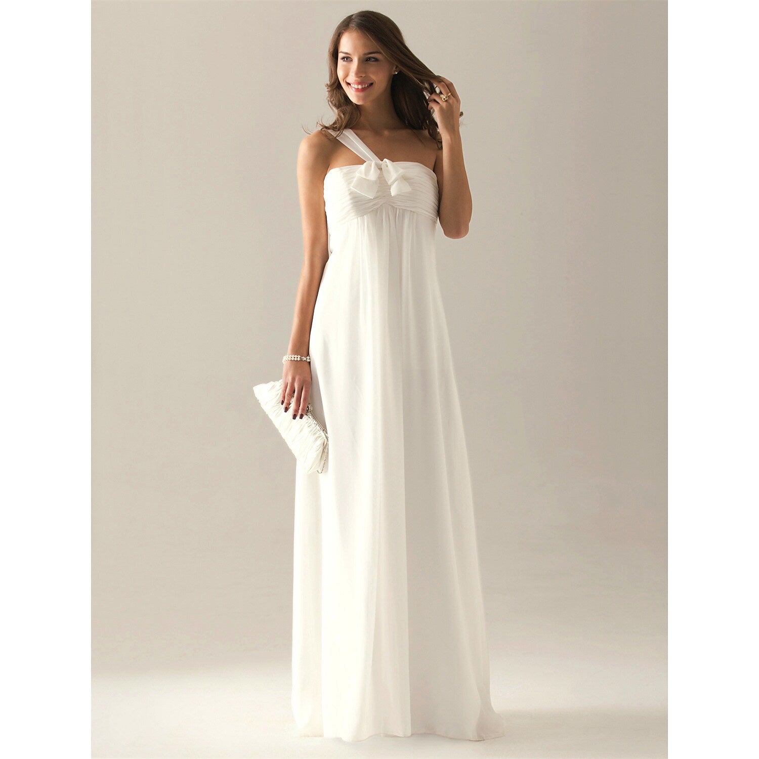 Etui-/Säulenkleid für die Brautjungfer, ein Schulterträger, ärmellos, elegant, bodenlang, Chiffon mit Schleife(n), Falten, gerüscht