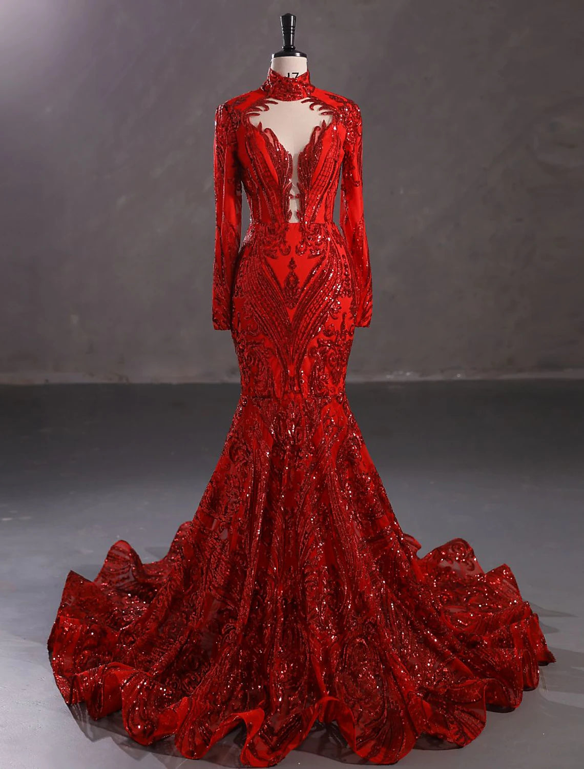 Mermaid / Trumpet Evening Gown Elegant Dress Engagement Court Train Long Sleeve Stand Collar Lace with Sequin