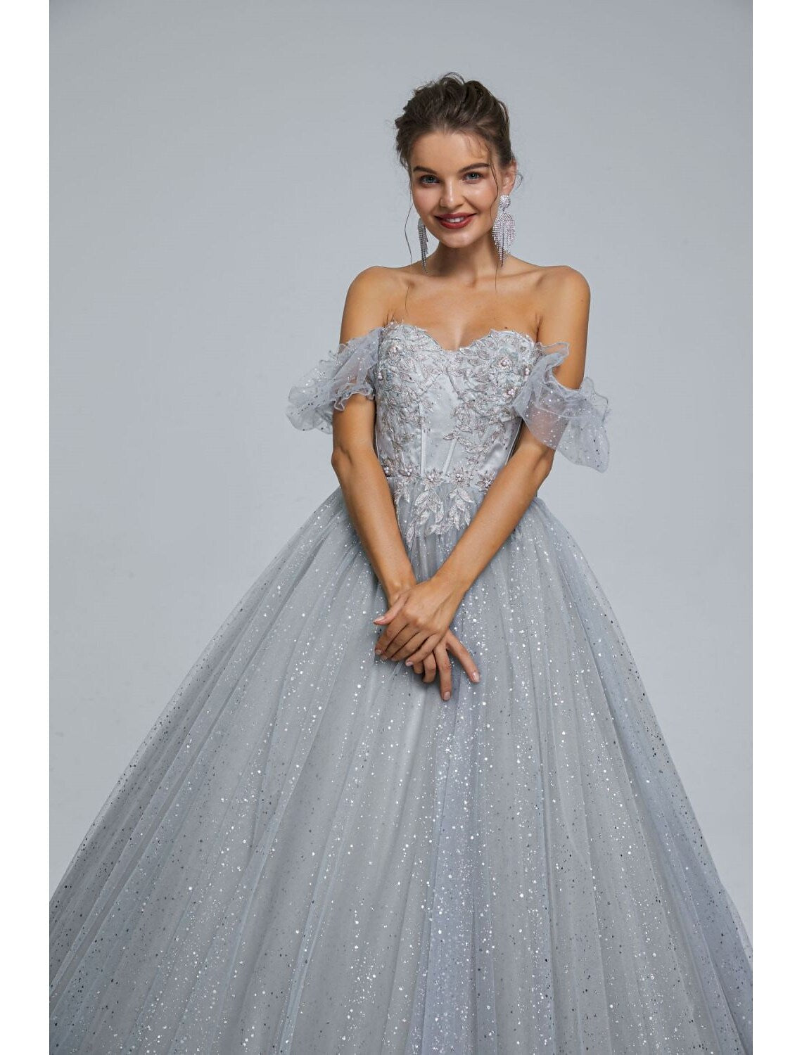 Ball Gown Prom Dresses Princess Dress Graduation Floor Length Short Sleeve Sweetheart Tulle with Sequin Appliques