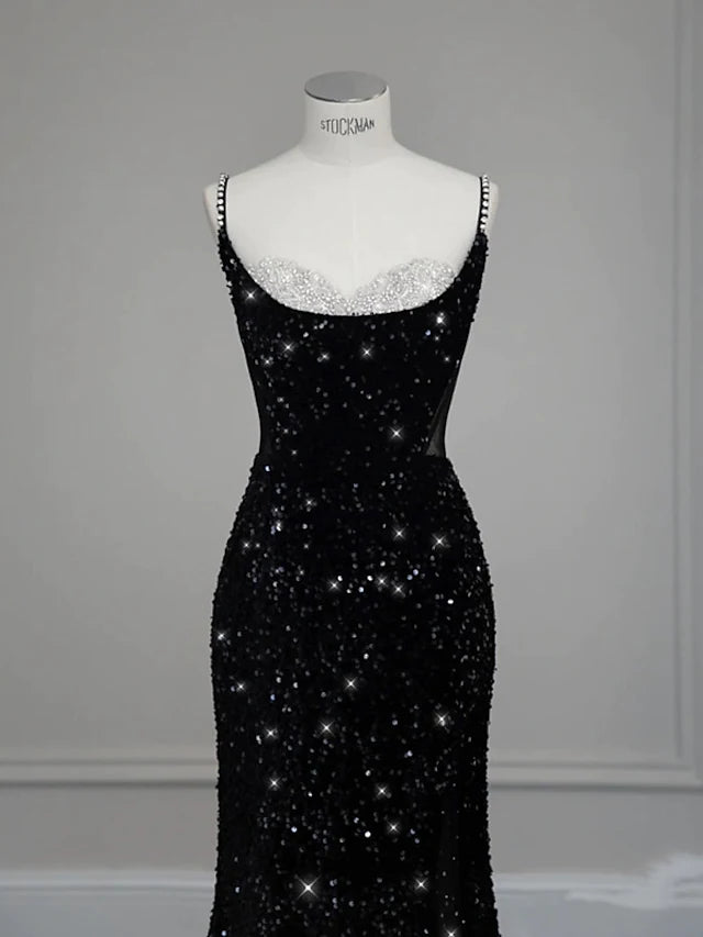 Mermaid / Trumpet Evening Gown Sexy Dress Formal Floor Length Sleeveless Spaghetti Strap Sequined with Bow(s) Crystals Sequin