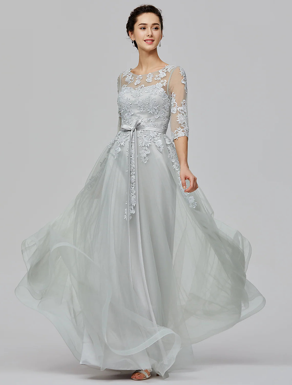 A-Line Empire Dress Wedding Guest Floor Length Half Sleeve Illusion Neck Tulle with Bow(s) Appliques