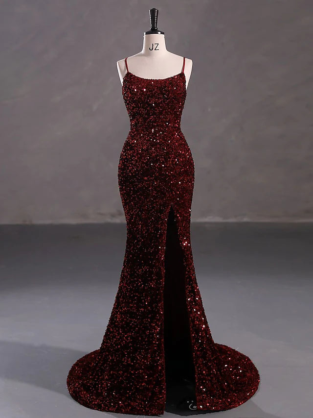 Mermaid / Trumpet Evening Gown Elegant Dress Party Wear Court Train Sleeveless Spaghetti Strap Lace Crisscross Back with Sequin Slit