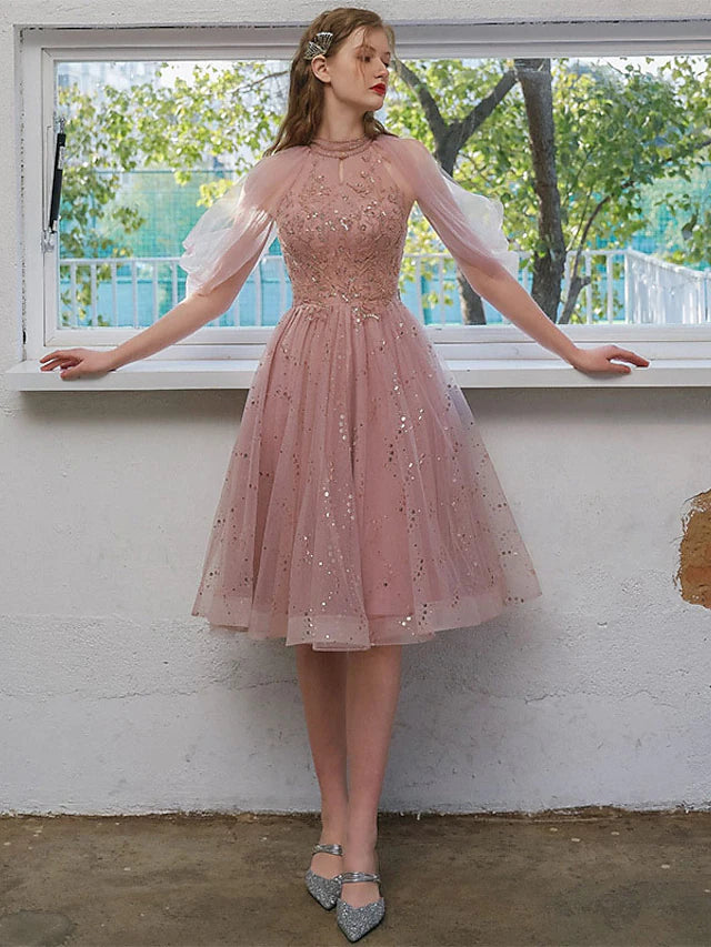 A-Line Cocktail Dresses Party Dress Engagement Knee Length 3/4 Length Sleeve Jewel Neck Tulle with Sequin Appliques