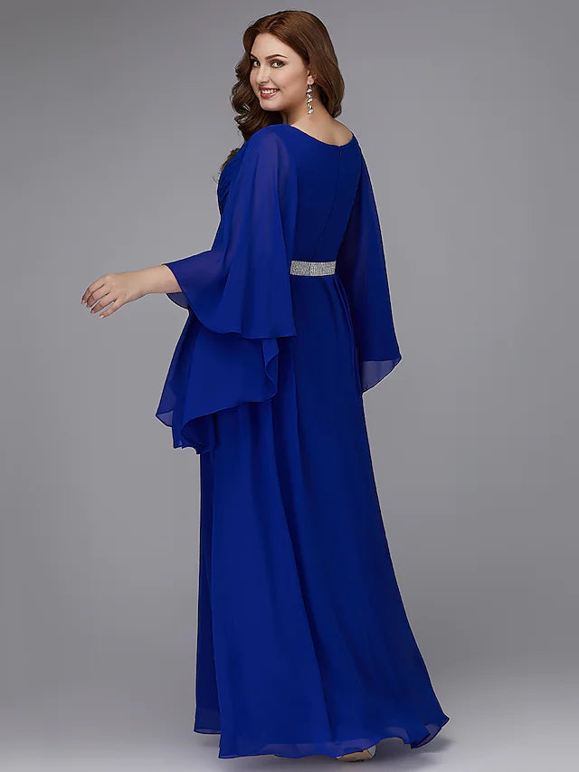 A-Line Plus Size Dress Wedding Guest Floor Length Long Sleeve V Neck Chiffon Lace-up with Crystals Sequin