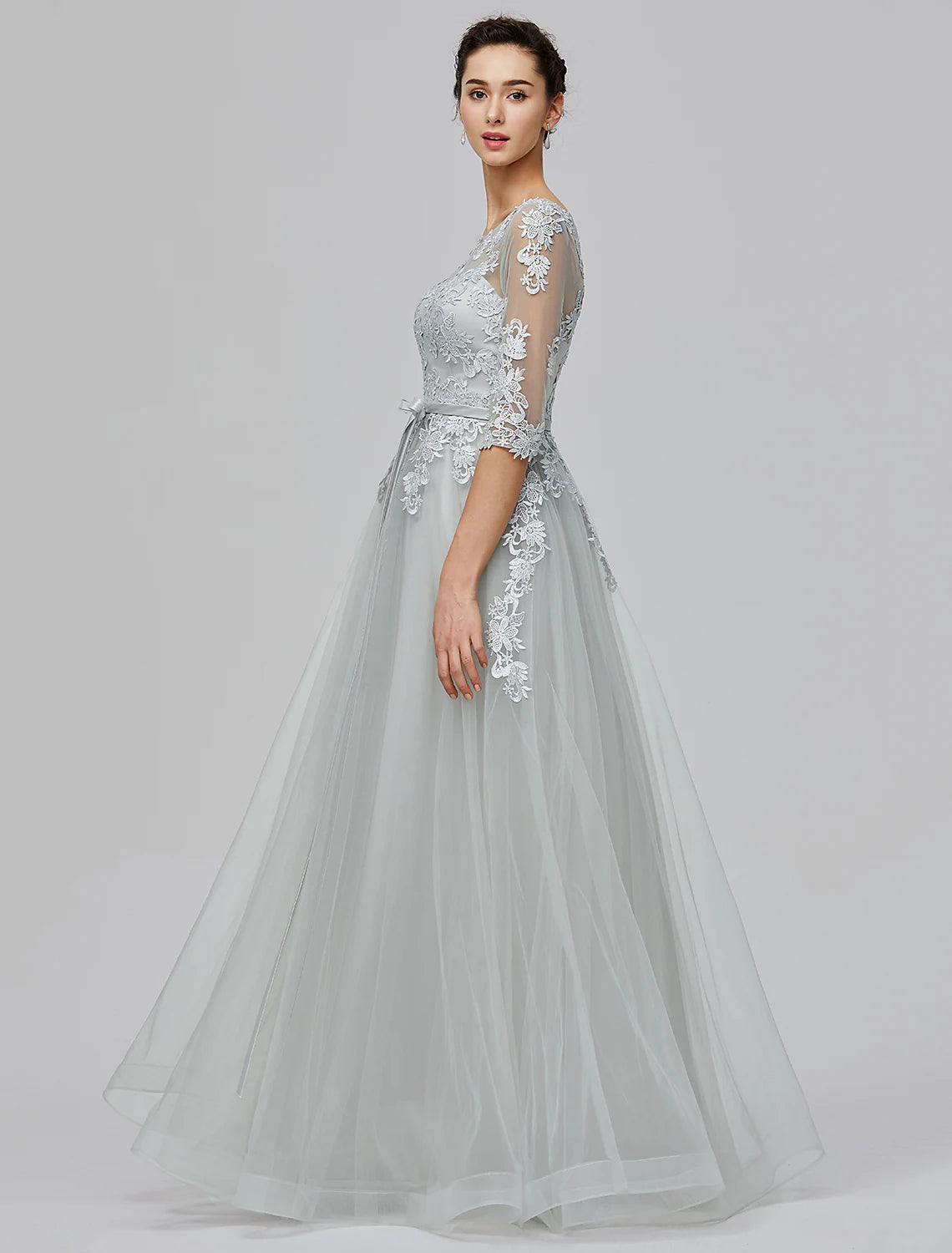 A-Line Empire Dress Wedding Guest Floor Length Half Sleeve Illusion Neck Tulle with Bow(s) Appliques