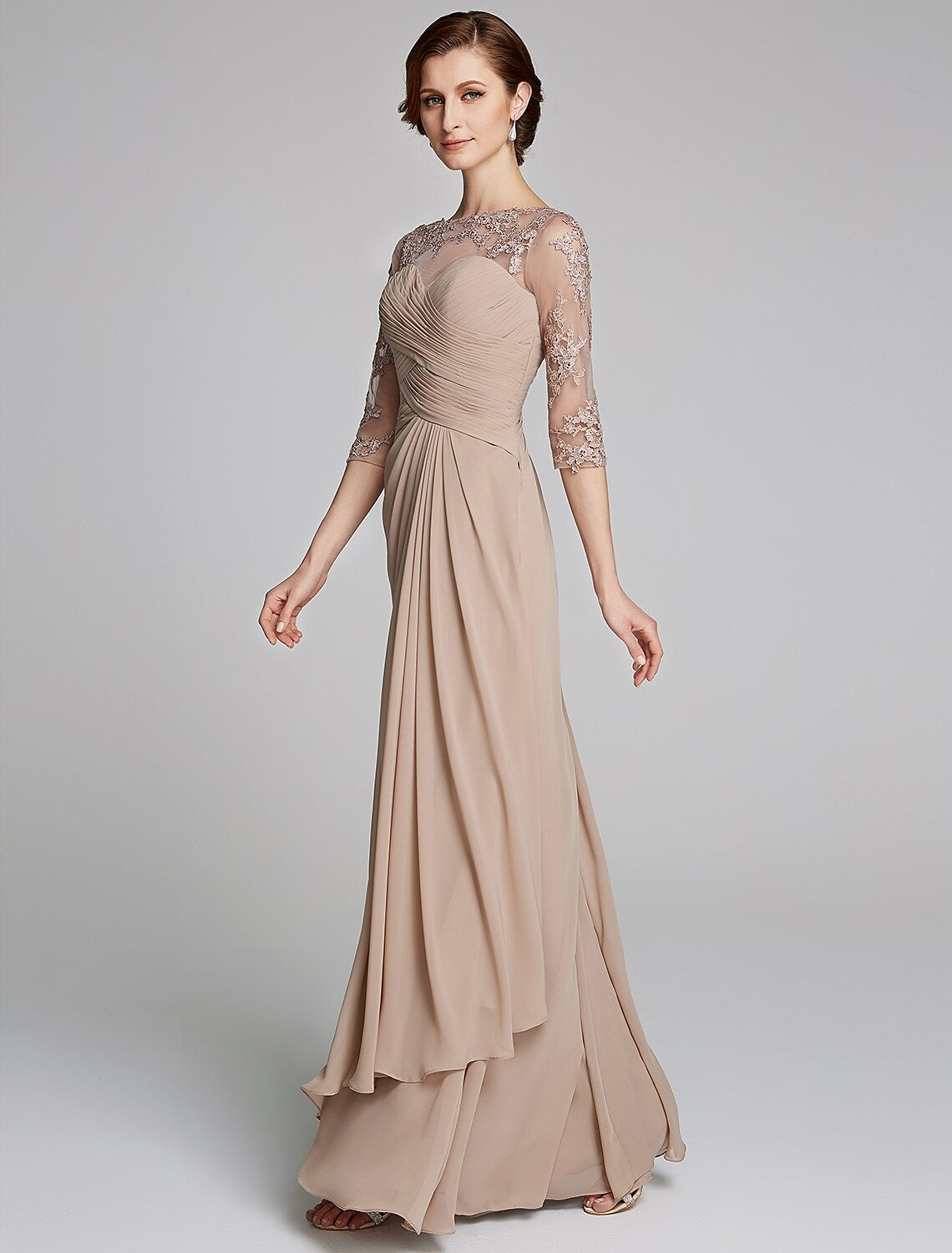 A-Linien-Kleid für die Brautmutter, Sparkle &amp; Shine, U-Boot-Ausschnitt, bodenlang, Chiffon-Spitze, 3/4-Ärmel mit Kristall-Applikationen