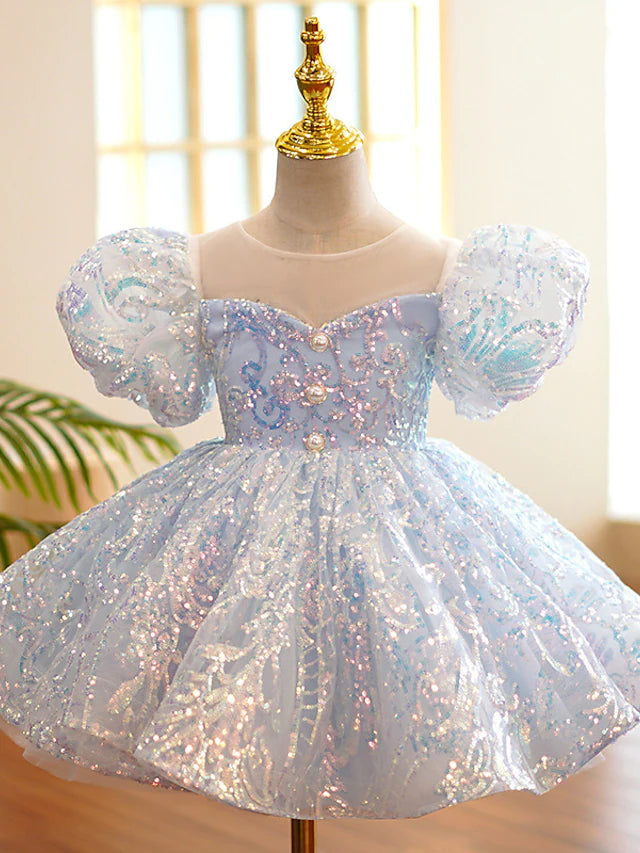 Princess Knee Length Flower Girl Dresses Party Tulle Short Sleeve Jewel Neck with Paillette