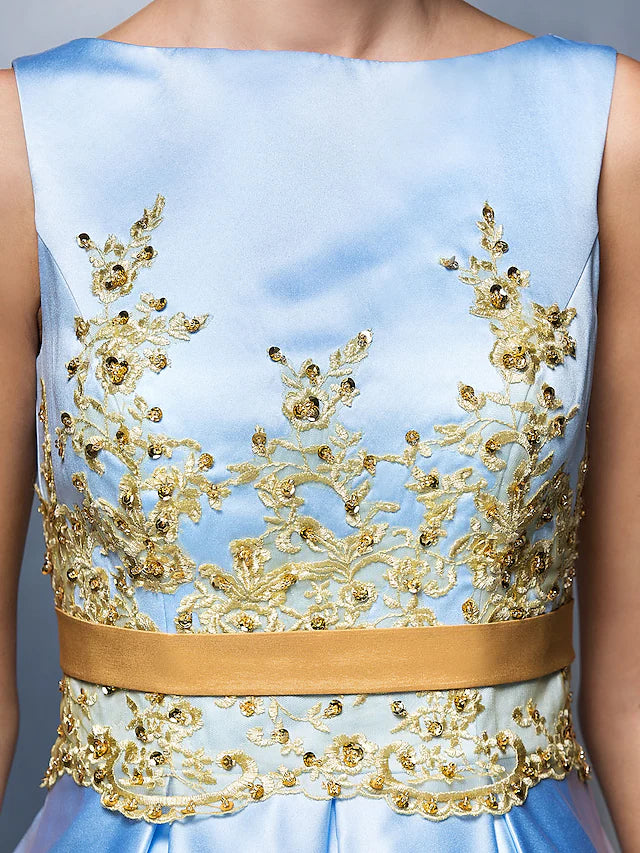 A-Linien-Partykleid für Hochzeitsgäste, knielang, ärmellos, Rundhalsausschnitt, Satin, V-Rücken mit Faltenapplikationen