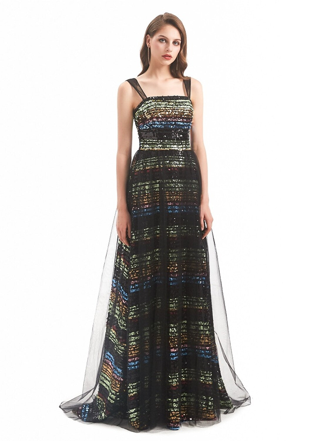 Sheath / Column Evening Gown Vintage Dress Engagement Sweep / Brush Train Sleeveless Boat Neck Tulle with Sequin