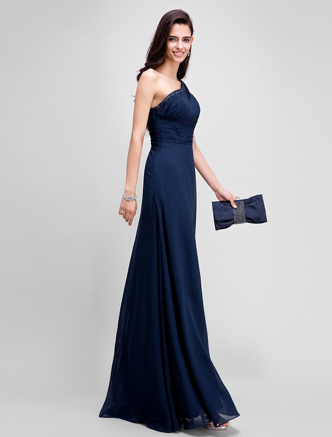Sheath / Column Empire Dress Wedding Guest Floor Length Sleeveless One Shoulder Chiffon with Ruched Beading