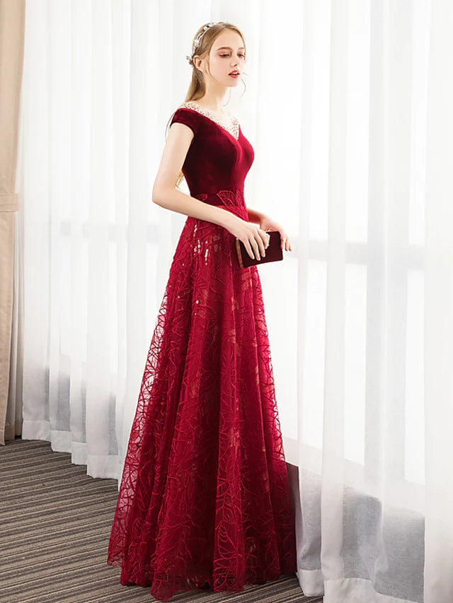 A-Line Prom Dresses Glittering Dress Engagement Floor Length Short Sleeve Jewel Neck Tulle with Pleats Crystals Pattern / Print