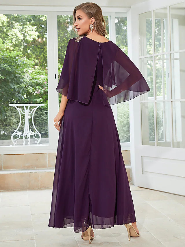 A-Linie Hochzeitsgastkleider Elegantes Kleid Partykleidung Bodenlang Halbarm Rundhals Chiffon mit Rüschen