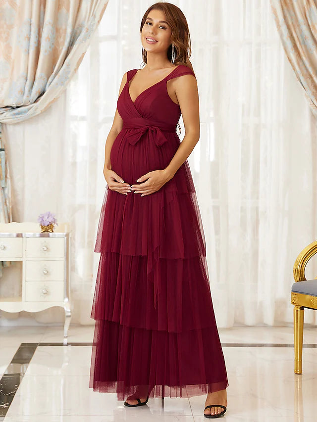 A-Line Maternity Cute Formal Evening Dress V Neck Sleeveless Floor Length Tulle with Tier Pure Color