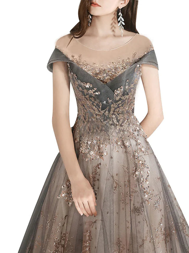 A-Line Bridesmaid Dress Jewel Neck Short Sleeve Beautiful Back Floor Length Tulle with Crystals  Bandage