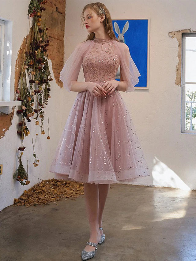 A-Line Cocktail Dresses Party Dress Engagement Knee Length 3/4 Length Sleeve Jewel Neck Tulle with Sequin Appliques