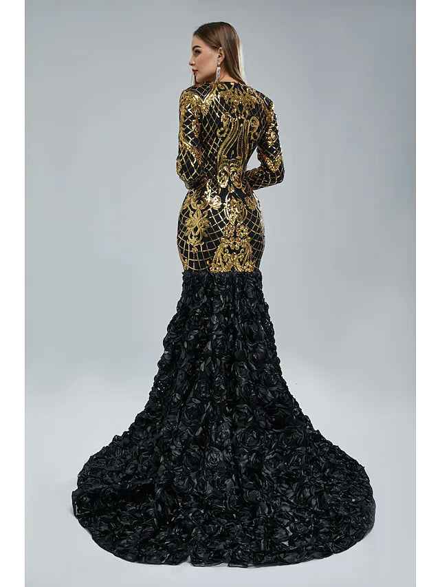 Mermaid / Trumpet Evening Gown Elegant Dress Engagement Court Train Long Sleeve V Neck Sequined with Sequin