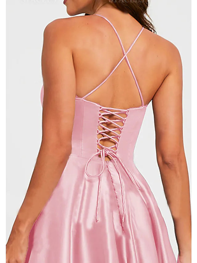 A-Line Prom Dresses Minimalist Dress Formal Floor Length Sleeveless V Neck Stretch Satin Backless with Pleats Ruched