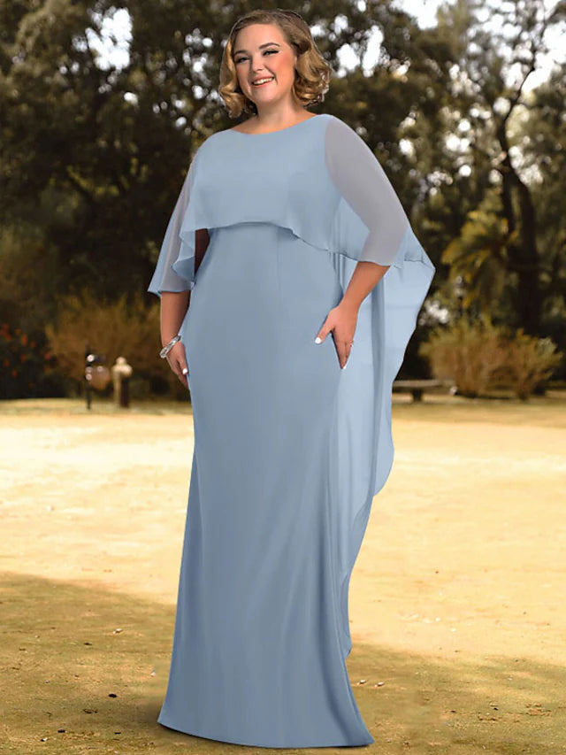 Sheath / Column Evening Gown Empire Dress Engagement Floor Length 3/4 Length Sleeve Jewel Neck Chiffon with Sleek Pure Color