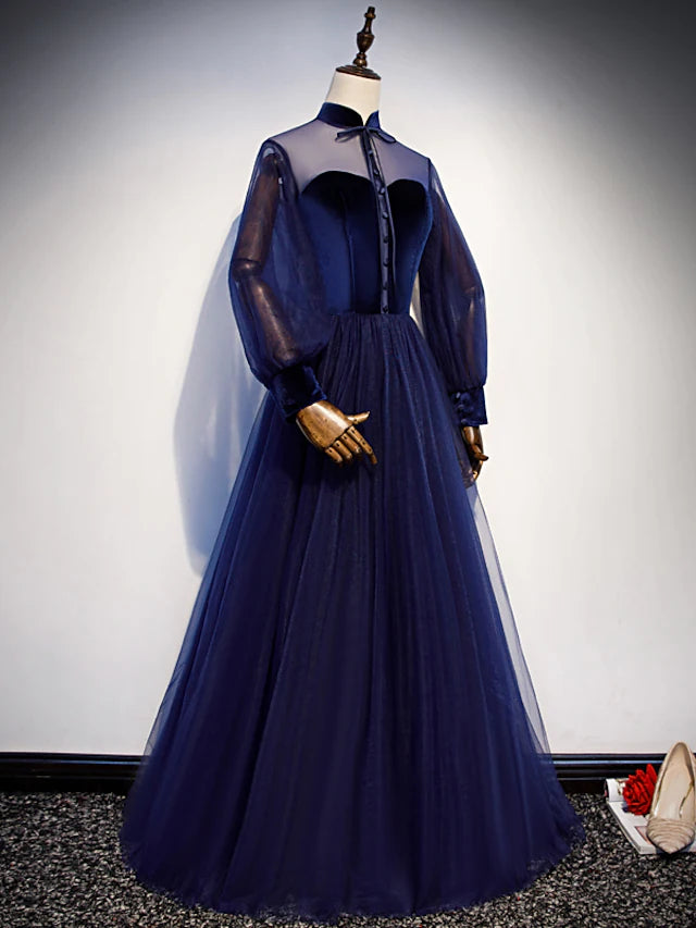 A-Line Prom Dresses Vintage Dress Party Wear Floor Length Long Sleeve Stand Collar Tulle with Bow(s) Strappy