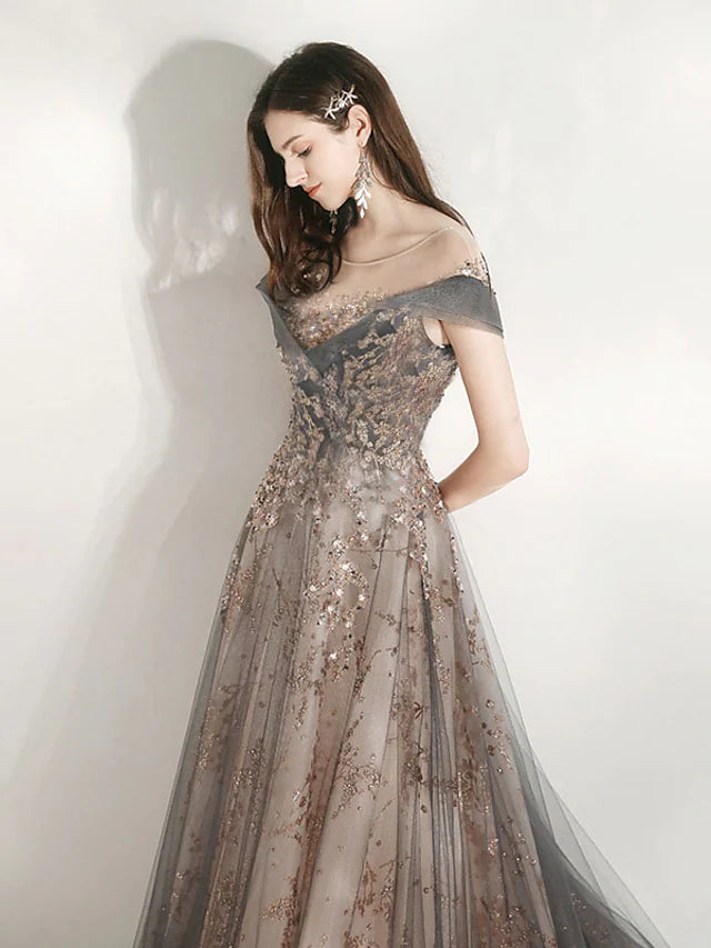 A-Line Bridesmaid Dress Jewel Neck Short Sleeve Beautiful Back Floor Length Tulle with Crystals  Bandage